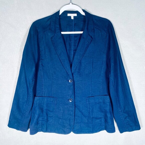 Eileen Fisher Irish Linen Jacket Womens M Blue Single Breasted Blazer Minimalist - Picture 1 of 11